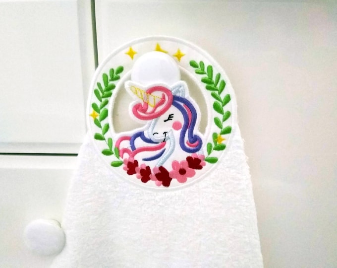 Rainbow unicorn towel hanging topper hole In The Hoop machine embroidery design, ITH project Towel topper, hanger, hanging hole embroidery