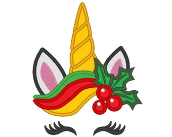 Christmas Unicorn head with floral crown fill stitch machine embroidery designs unicorn face with snowflakes Merry Christmas