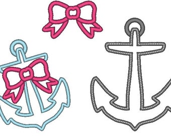 set f anchor girly cute nautical embellishment -single files, machine embroidery applique designs 4x4, 5x7 and 6x10
