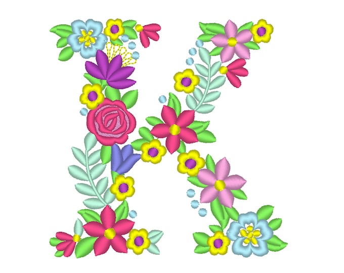 Floral letter K garden flag monogram liberty fashioned flowers flower Font machine embroidery designs monogram K only 4, 5, 6 and 8 in