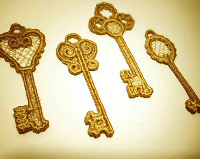 Steam punk skeleton Lace Keys FSL, Free standing lace Key jewelry pendant earrings ornament machine embroidery designs for hoop 4x4