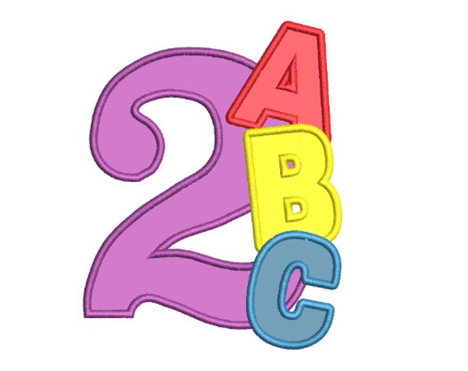 ABC Birthday number TWO 2, alphabet, school birthday numbers outfit ABC with numbers for hoop 4x4, 5x7 applique machine embroidery design