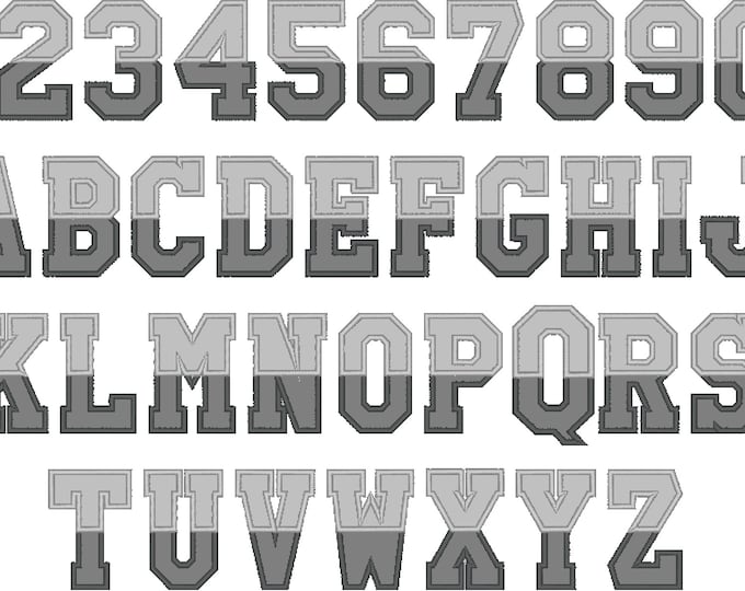 2 colors ATHLETIC block split divided Collegiate varsity Split machine embroidery applique font alphabet2, 3, 4, 5, 6, 7,8  inches