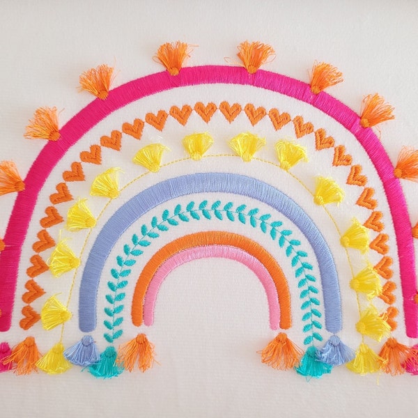 Boho rainbow with fringed tassels machine embroidery designs assorted sizes heart leaf tassel fringe funny girly rainbow satin stitch design