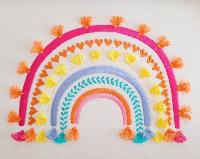 Boho rainbow with fringed tassels machine embroidery designs assorted sizes heart leaf tassel fringe funny girly rainbow satin stitch design