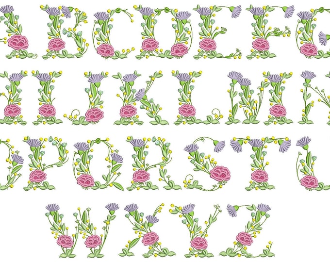 Floral block uppercase capital letters A-Z whole alphabet, monogram floral Font machine embroidery designs, BX included INSTANT DOWNLOAD