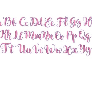 May include: A pink alphabet with a scalloped edge, featuring uppercase and lowercase letters. The letters are written in a cursive font.