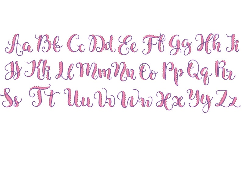May include: A pink alphabet with a scalloped edge, featuring uppercase and lowercase letters. The letters are written in a cursive font.