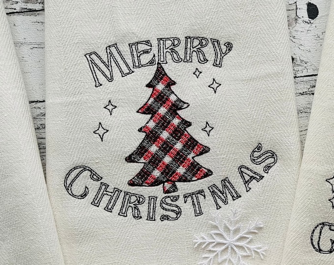 Merry Christmas Tree gingham tartan check old fashioned classic Pillow or Kitchen dish towel machine embroidery designs hoop 4x4 5x7 6x10