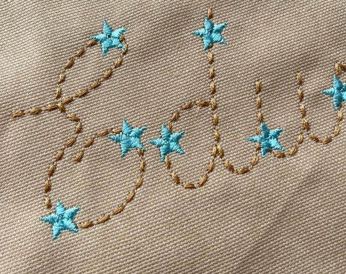 Hand stitch effect Starry FONT machine embroidery designs in assorted sizes 2, 2.4, 3, 3.8, 4.6 inches script alphabet monogram kids BX incl