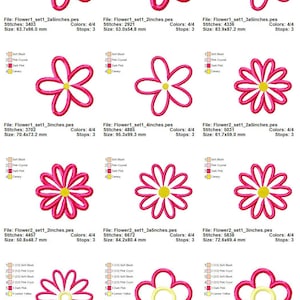 May include: A set of nine embroidery designs featuring different variations of pink and white flowers with yellow centers. The designs are available in various sizes, ranging from 2.25 inches to 4 inches. Each design is labeled with the file name, stitch count, color count, and size in millimeters.