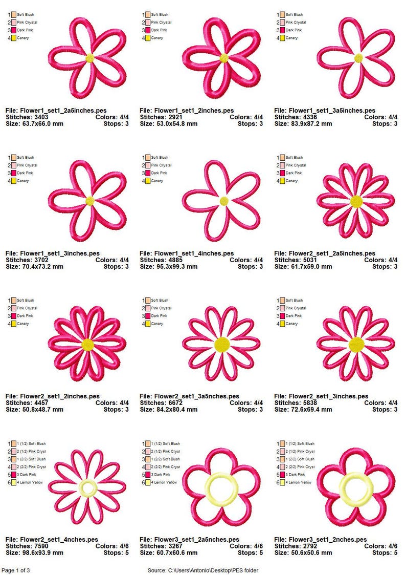 May include: A set of nine embroidery designs featuring different variations of pink and white flowers with yellow centers. The designs are available in various sizes, ranging from 2.25 inches to 4 inches. Each design is labeled with the file name, stitch count, color count, and size in millimeters.