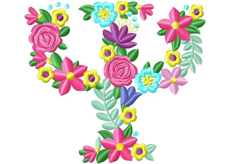 Puede incluir: Dise&ntilde;o floral bordado con forma de letra "Y". El dise&ntilde;o incorpora rosas rosas, flores amarillas y rosas, flores de color turquesa y morado, y hojas verdes. El bordado est&aacute; sobre un fondo blanco.
