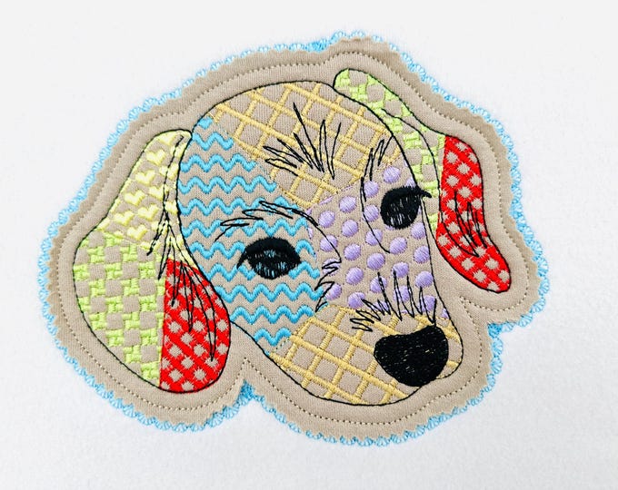 Dachshund Applique Patchwork and Lace Edge patterned Puppy pet machine embroidery designs many sizes 4 up to 8 inches dog outline