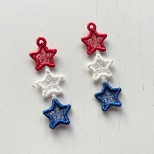 Patriotic Stars dangle earrings ITH in the hoop FSL freestanding lace machine embroidery design size 2 inches Independence Day girl earrings by Artapli embroidery format PES HUS JEF EXP DST VIP VP3 XXX instant download