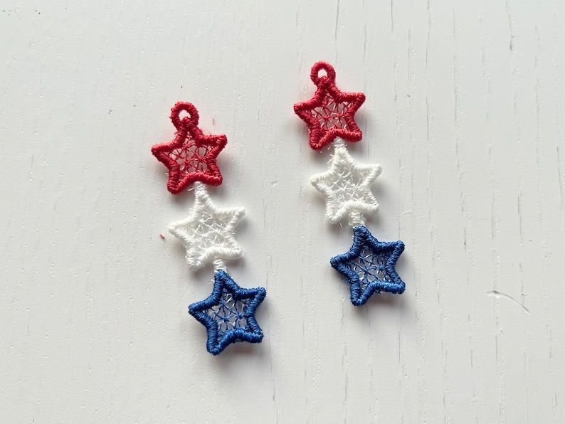 Patriotic Stars dangle earrings ITH in the hoop FSL freestanding lace machine embroidery design size 2 inches Independence Day girl earrings by Artapli embroidery format PES HUS JEF EXP DST VIP VP3 XXX instant download