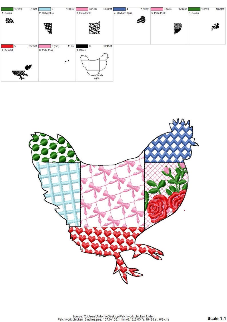 Patchwork Chicken Awesome Patterned Farm Bird Machine Embroidery ...