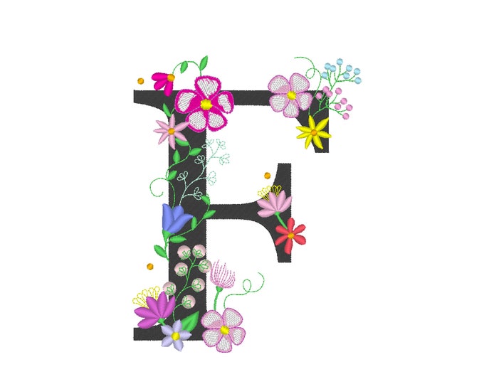 Floral letter F garden flag monogram lace swirl flowers block font and mini Font machine embroidery design monogram F only 4, 5, 6 and 8 in