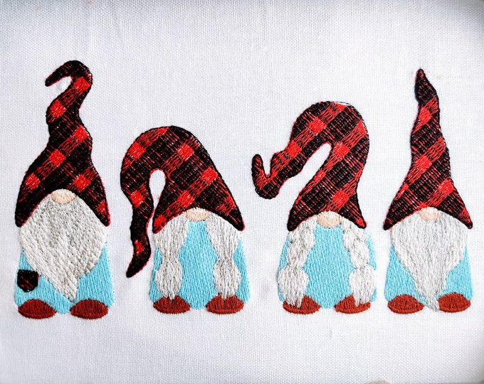 Gingham 4 gnomes in a row  Merry Christmas Gingham Gnomes triple row  machine embroidery design 4x4 5x7 8x8 INSTANT DOWNLOAD