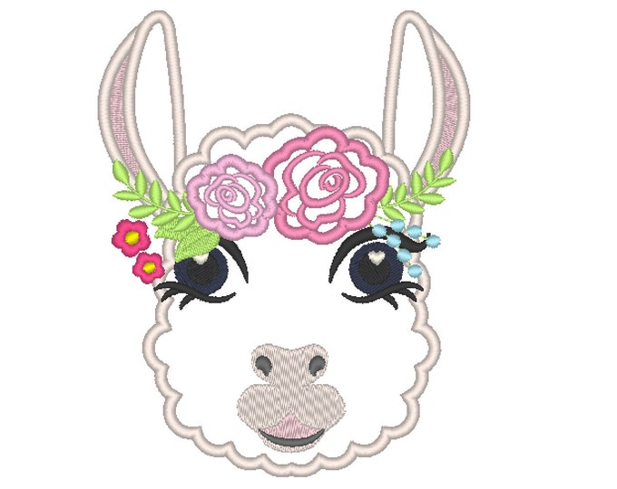 Pretty eyes llama or alpaca head with shabby chick roses crown applique machine embroidery designs applique embroidery llama face