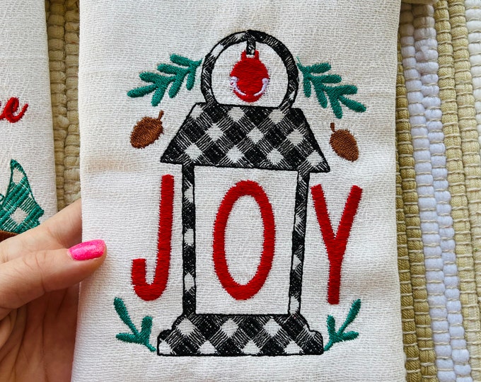 Joy - Most wonderful time of the year Merry Christmas gingham Happy Holidays Joy Kitchen dish towel quote saying machine embroidery designs