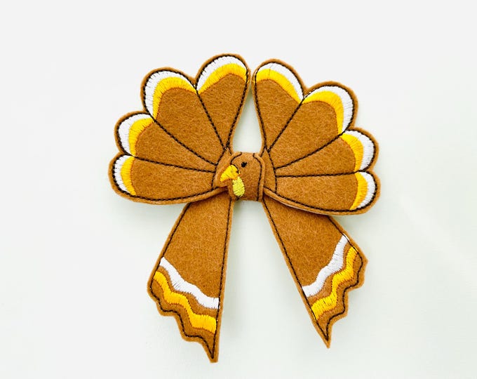 Fall Turkey Bow 3D dimensional machine embroidery designs felt feltie design simply in the hoop ITH project kids girls Farm Thanksgiving