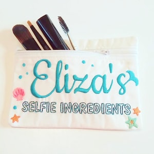 Bolsa cosmética de ingredientes selfie de sirena, bolsillo, ITH, bolsa, bolsa con cremallera, diseños de bordado de máquina en el aro In-The-Hoop 5x7 6x10