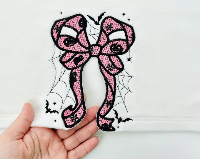 Halloween Spooky Lace Bow split side seam cutout Bow Applique and lace effect machine embroidery designs  girls t-shirt sweatshirt design