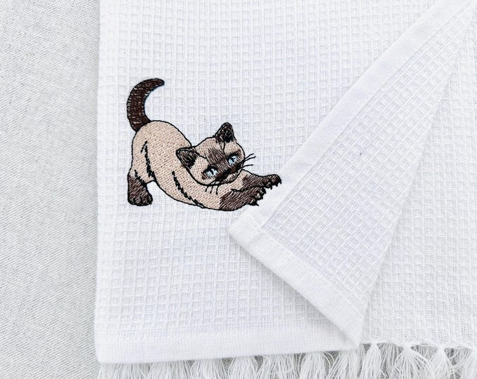 Lovely Scratching Siamese Cat Kitty Mama kitchen dish towel pet animal kids machine embroidery designs ITH project simply in the hoop