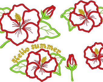 Hibiscus Flower 5 types Applique machine embroidery designs multiple sizes for hoop 4x4, 5x7 floral blossom Hello Summer Set of 5 flowers
