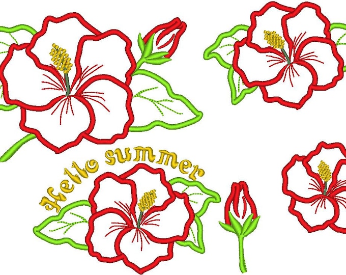 Hibiscus Flower 5 types Applique machine embroidery designs multiple sizes for hoop 4x4, 5x7 floral blossom Hello Summer Set of 5 flowers