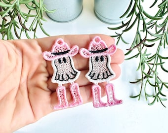 Adorable Ghost Cowboy Hat and Boots charm earrings FSL freestanding lace machine embroidery designs kids girls Halloween design in the hoop