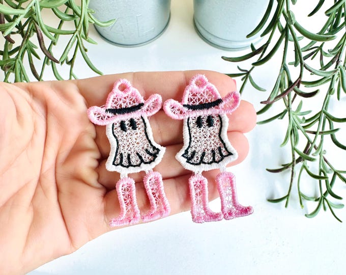 Adorable Ghost Cowboy Hat and Boots charm earrings FSL freestanding lace machine embroidery designs kids girls Halloween design in the hoop