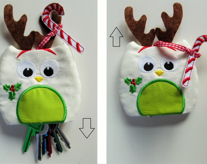 Christmas owl key case, key fob, key cover, key pocket, ITH in the hoop machine embroidery design for hoop 4x4, 5x7 cute owl bird xmas deer