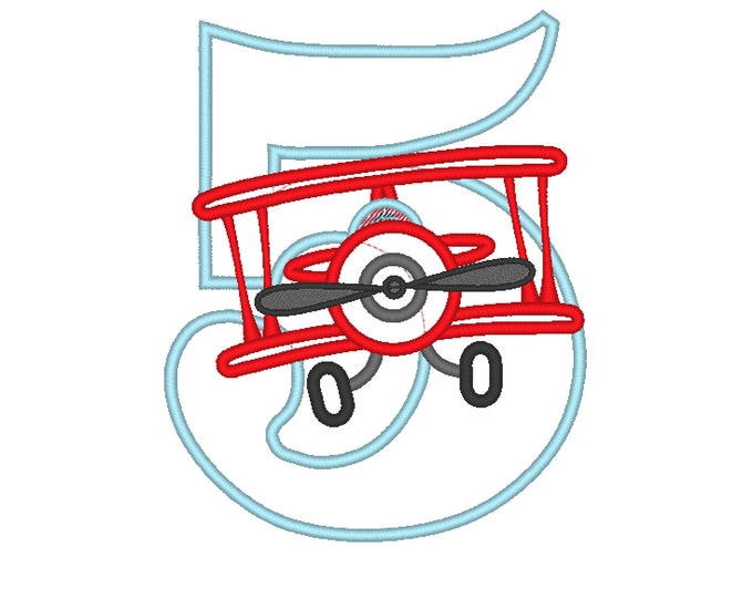 Airplane Birthday number FIVE 5 Applique machine embroidery designs kids boy baby Birthday outfit hoop 4x4, 5x7, 6x10 vehicle plane number