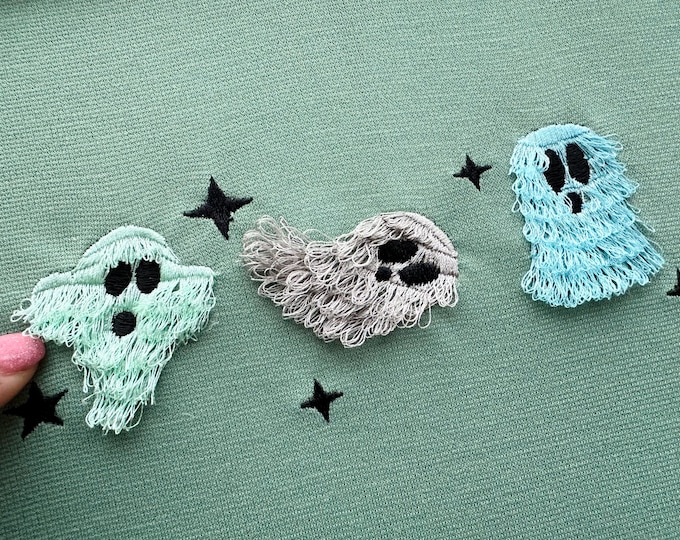 Fringed Fluffy Ghosts 3 in a row spooky flying Ghost kids baby Halloween fringe chenille fur machine embroidery designs sizes 5 to 8 inch