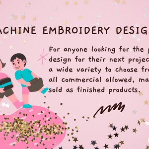 Puede incluir: Dos personajes de dibujos animados, una ni&ntilde;a y un ni&ntilde;o, se paran sobre un fondo rosa con purpurina dorada. La ni&ntilde;a sostiene un objeto marr&oacute;n y negro y el ni&ntilde;o sostiene un objeto marr&oacute;n. El texto "MACHINE EMBROIDERY DESIGNS" est&aacute; en la parte superior de la imagen. El texto "For anyone looking for the perfect design for their next project. With a wide variety to choose from, and all commercial allowed, may be sold as finished products." est&aacute; debajo de los personajes.