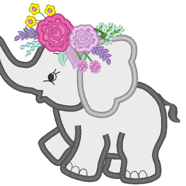 Roses crown Little Elephant applique machine embroidery designs assorted sizes INSTANT DOWNLOAD for hoop 4x4, 5x7, 6x10 elephant baby