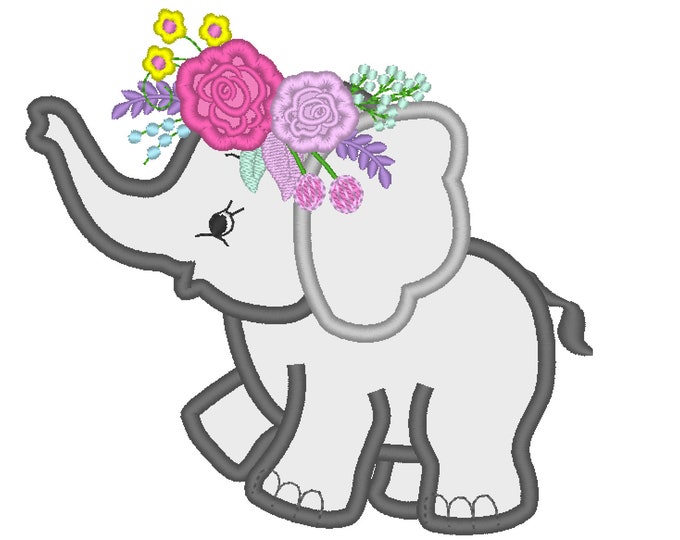 Roses crown Little Elephant applique machine embroidery designs assorted sizes INSTANT DOWNLOAD for hoop 4x4, 5x7, 6x10 elephant baby