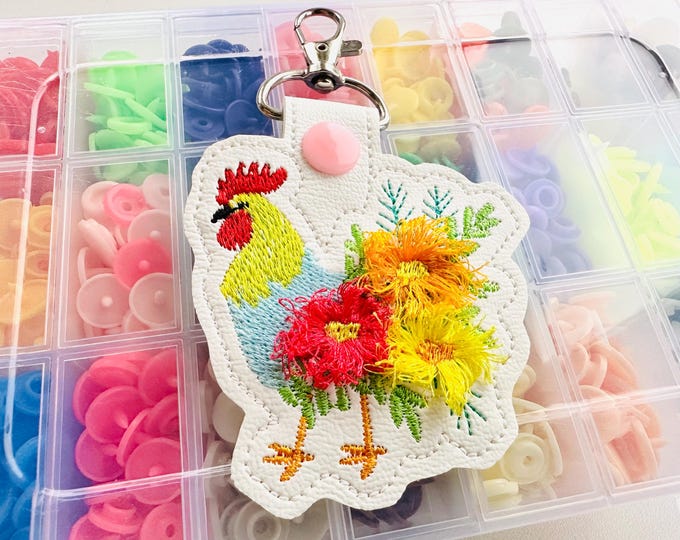 Floral Rooster Eyelet and Key Fob Snap Tab fringed fluffy keychain in the hoop ITH machine embroidery designs flowered farm bird chicken