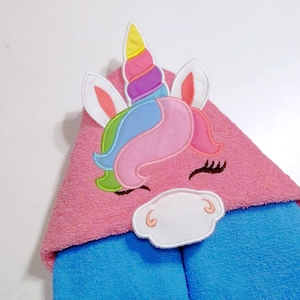 HOODED TOWELS Unicorn, hooded towel topper embroidery design Unicorn head ears horn ITH in the hoop dimensional machine embroidery applique