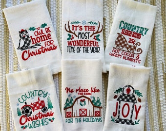 Most wonderful time of the year Merry Christmas gingham Happy Holidays Joy Kitchen dish towel quotes SET of 6 machine embroidery designs