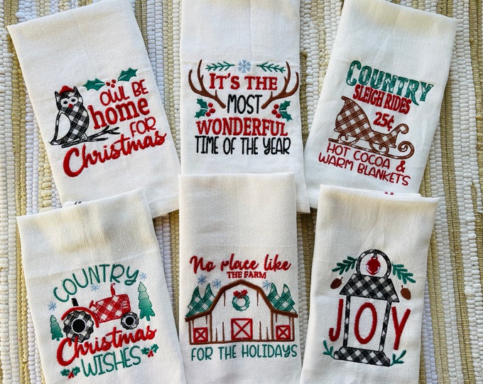 Most wonderful time of the year Merry Christmas gingham Happy Holidays Joy Kitchen dish towel quotes SET of 6 machine embroidery designs