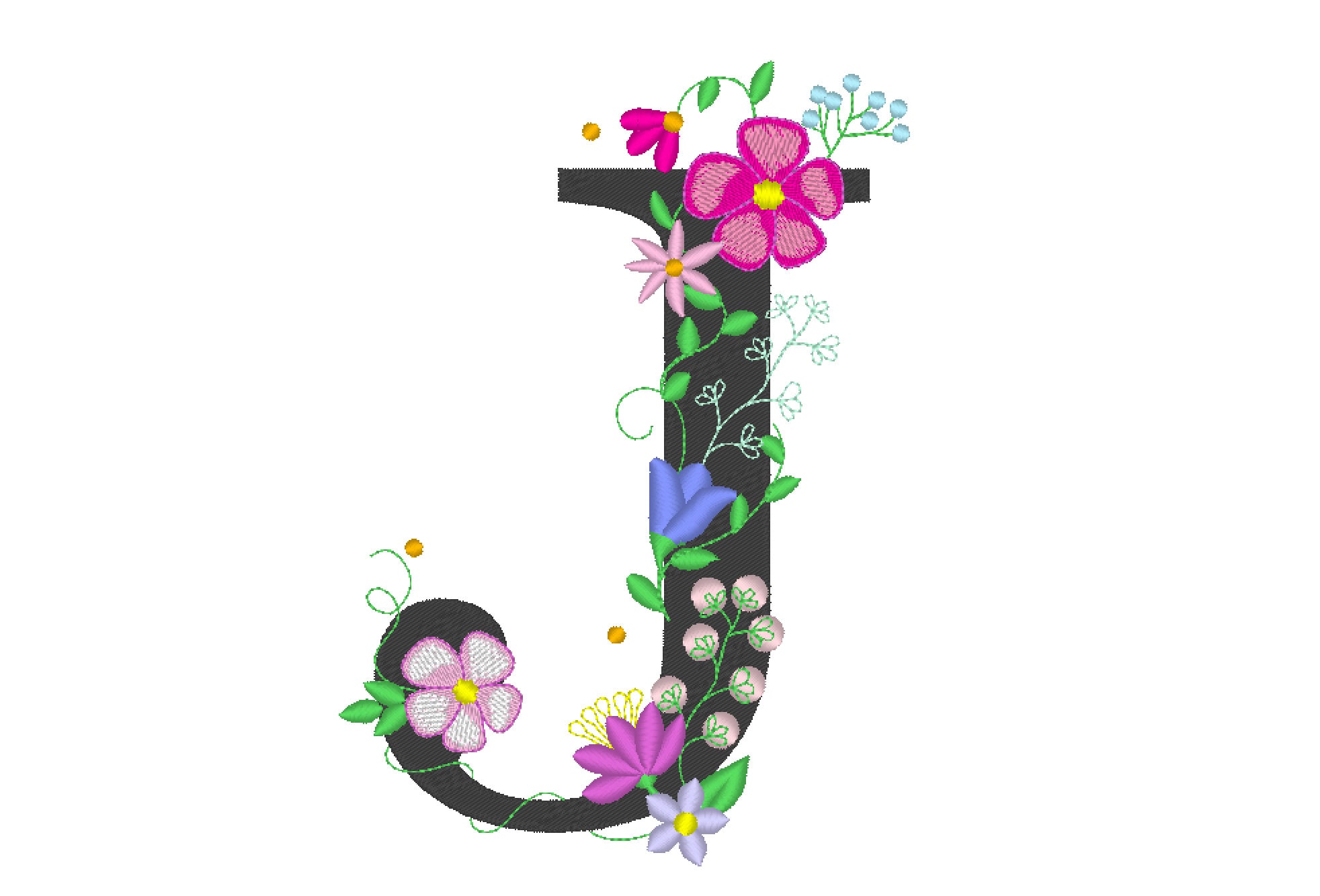 Floral letter J garden flag monogram lace swirl flowers block font and mini Font machine