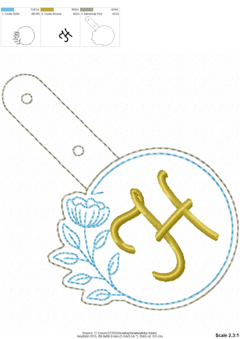 May include: A gold embroidered letter "H" with a blue flower and green leaves in a circle. The design is on a white background.