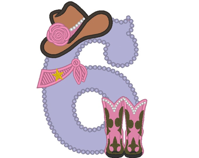 Lady Cowboy Birthday number SIX 6 - one number - machine embroidery applique designs for hoop 5x7 farm girl cowgirl sixth birthday party