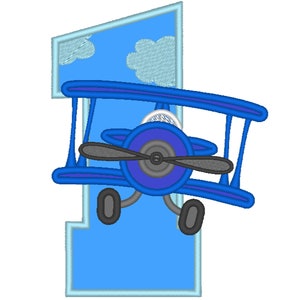Airplane number 1 ONE boy birthday number machine embroidery applique designs 4x4, 5x7, 6x10