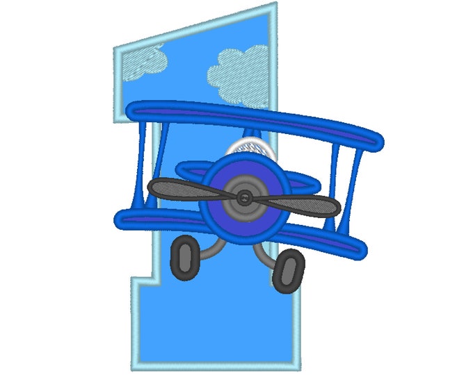 Airplane number 1 ONE boy birthday number machine embroidery applique designs 4x4, 5x7, 6x10