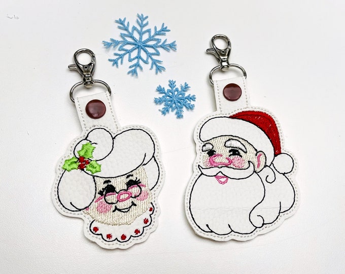 Mr and Mrs Claus ITH key fob snap tab machine embroidery designs Christmas gift idea keychain in the hoop simply embroidery project Santa