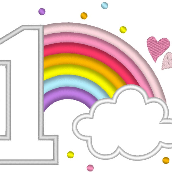 Cute Rainbow Birthday Number 1 ONE machine embroidery applique designs size 4, 5 and 6.5 inches, rainbow in clouds baby birthday number 1